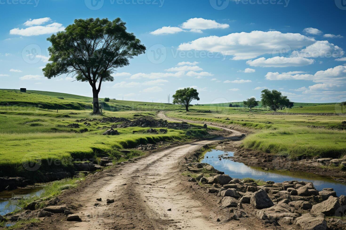 Symbolic crossroads, fork in the road amidst grass, under blue sky AI Generated photo