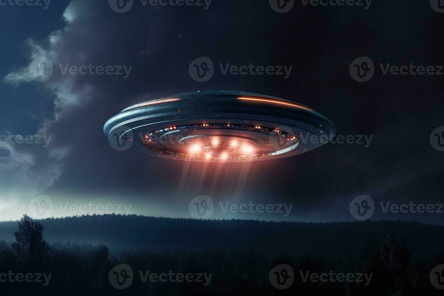 Nocturnal encounter, Alien spaceship UFO soars under moonlit sky AI Generated photo