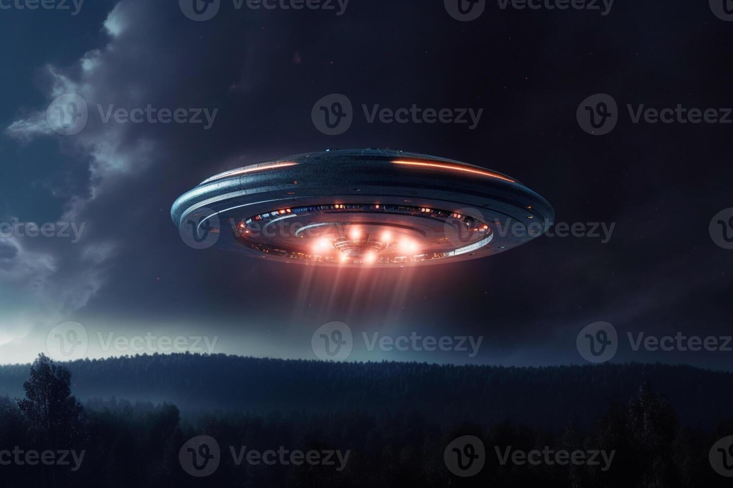 Nocturnal encounter, Alien spaceship UFO soars under moonlit sky photo