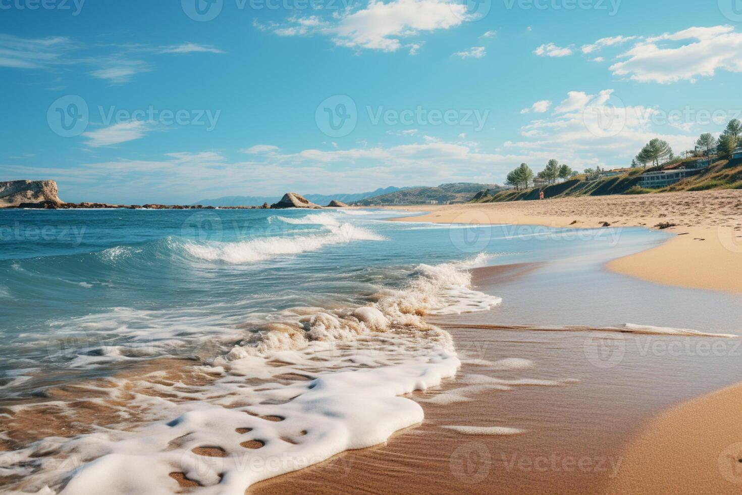 Serene seascape, horizon, sky, and tranquil beach in a panoramic view photo