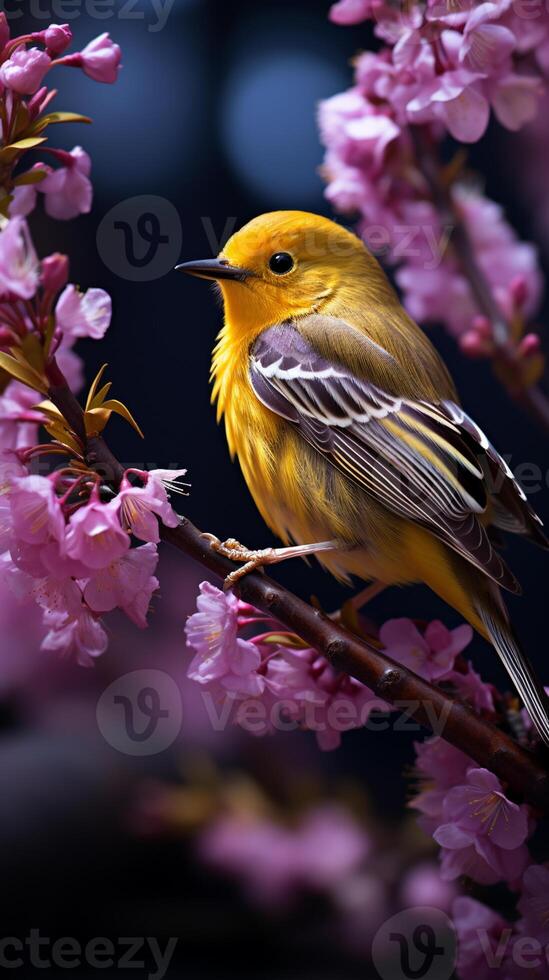 Beautiful yellow bird on a branch of a blossoming sakura photo