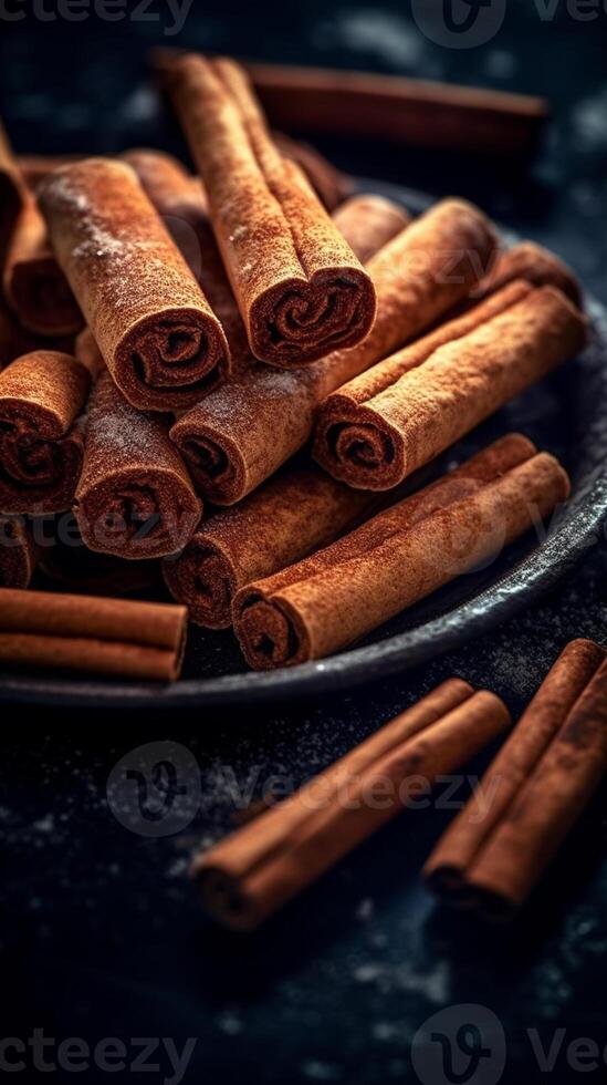 Cinnamon sticks on a dark blue background. Selective focus. photo