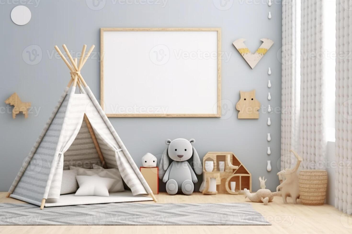 Joyful unisex children's room background with a mock-up frame, 3D rendered photo