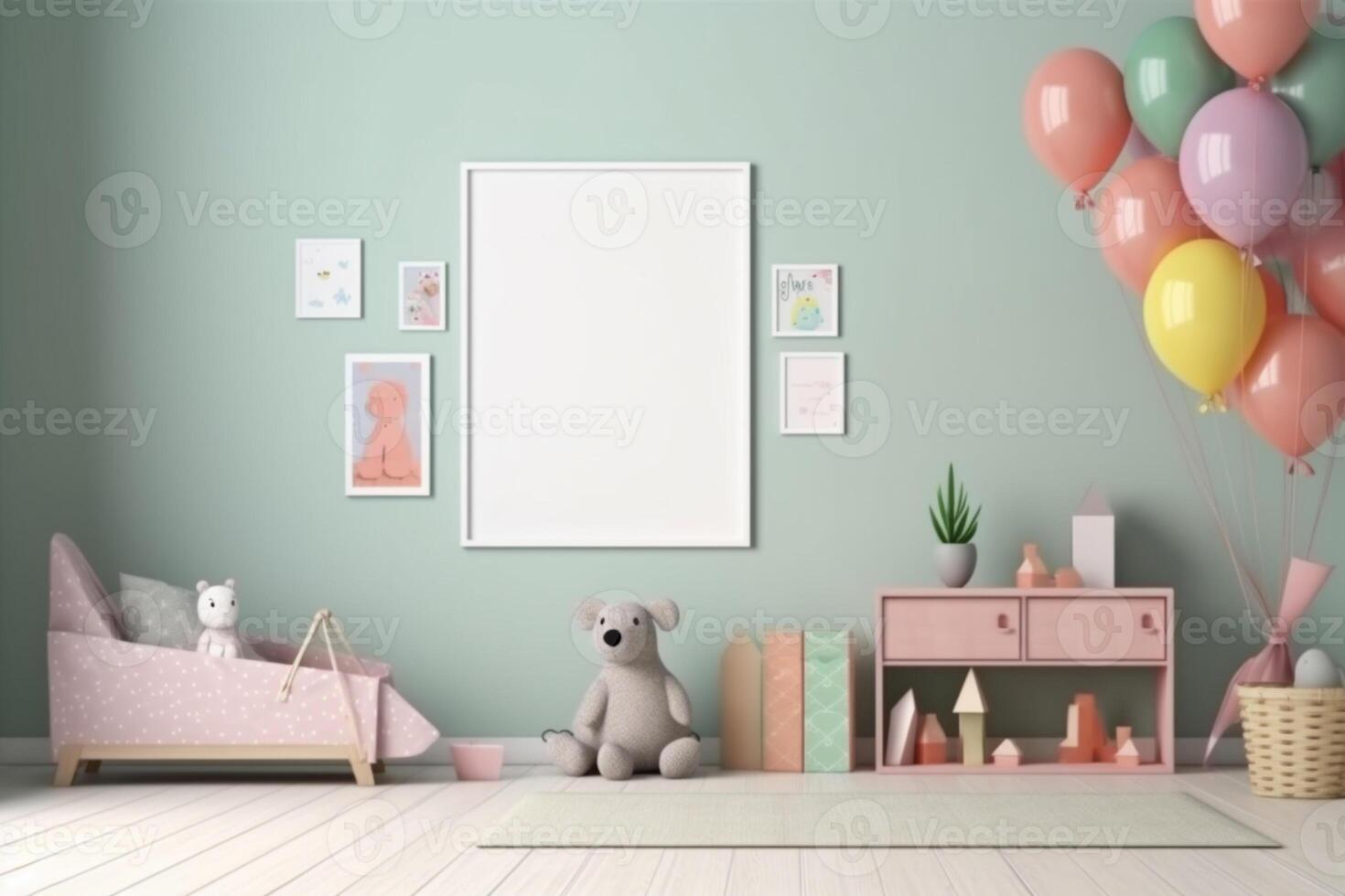 Enchanting 3D-rendered scene of a gender-neutral children's room with a mock-up frame photo