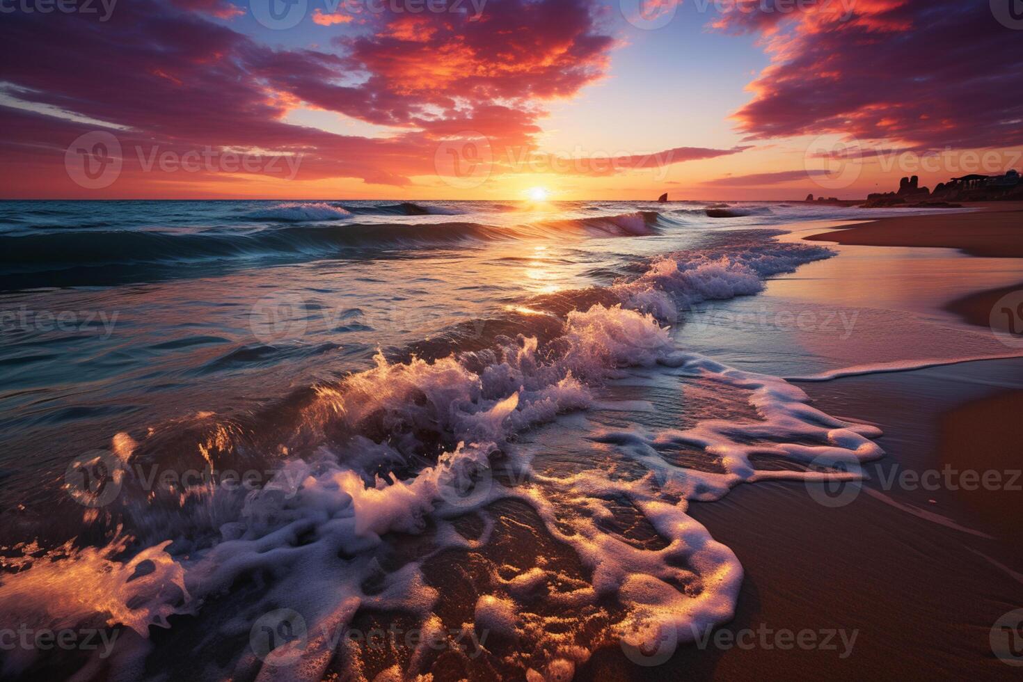 A breathtaking fiery sunset transforms the sea landscape into a masterpiece AI Generated photo