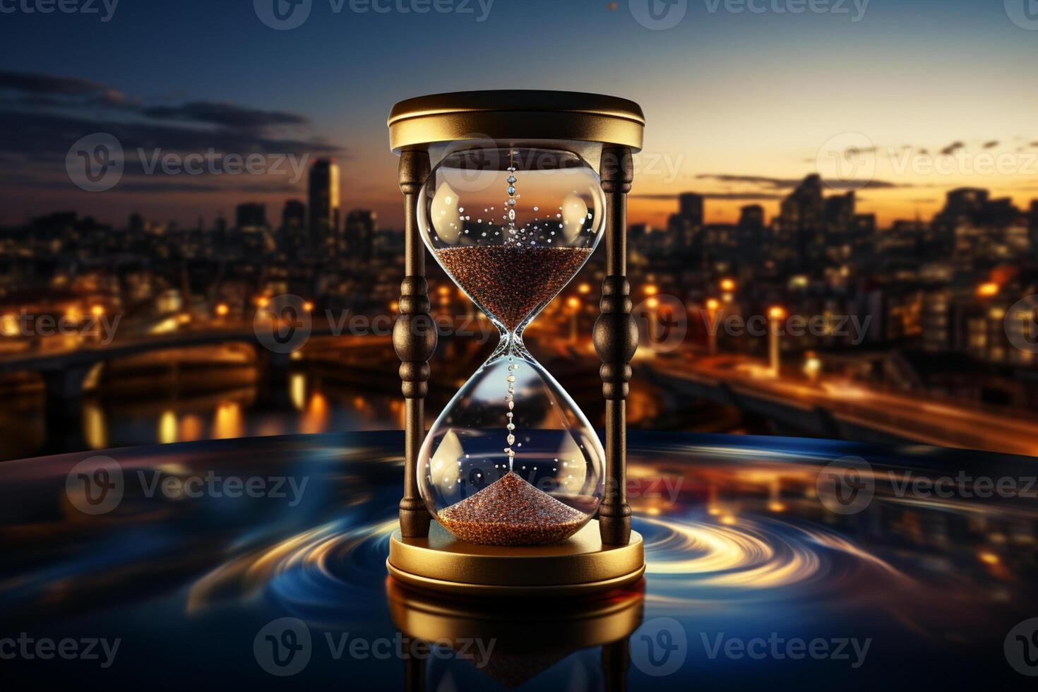 City life concept depicted by hourglass with morning cityscape background photo