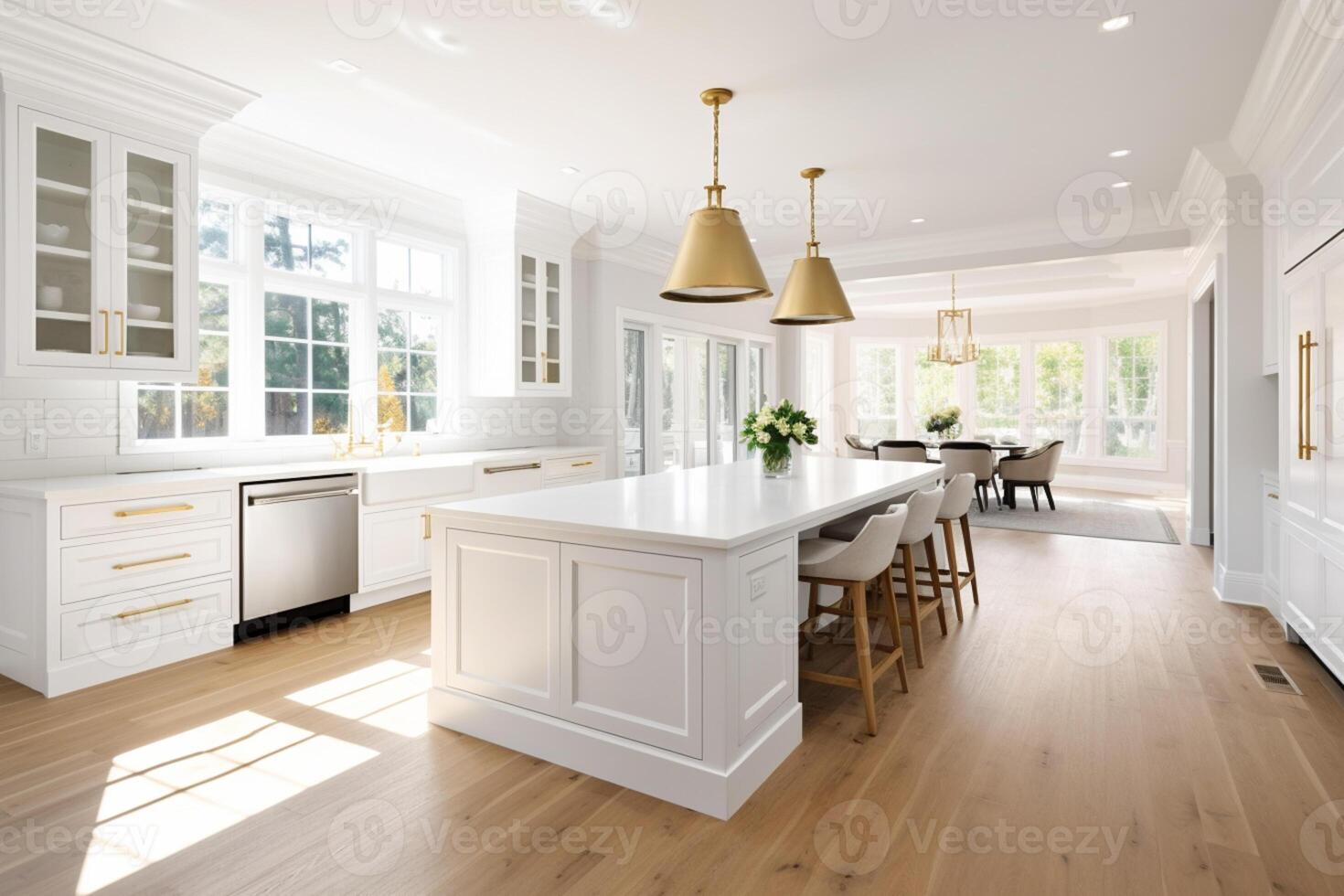 Gorgeous luxury kitchen boasting a white color scheme, wooden floor, and kitchen island photo