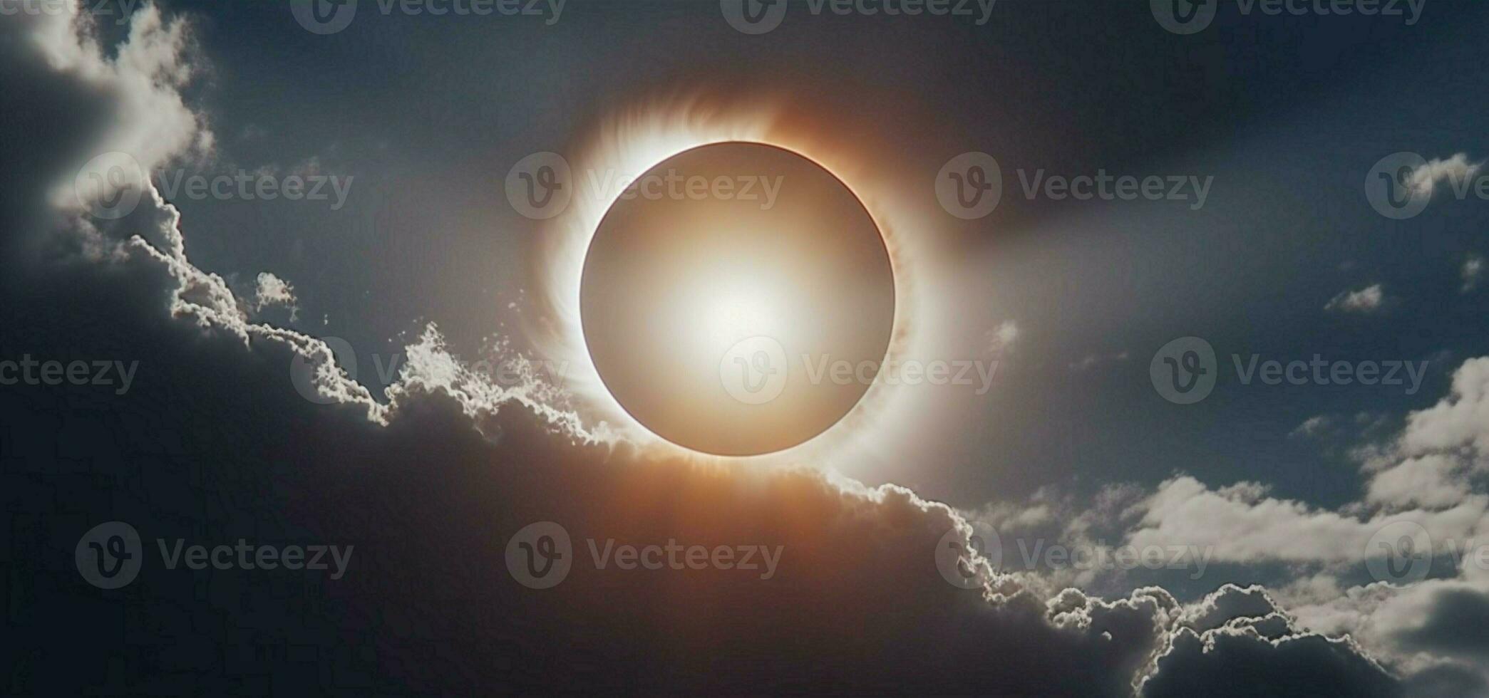 celestial espectáculo, solar eclipse velado por etéreo nubes y Dom llamarada ai generado foto