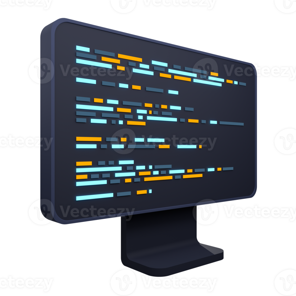Computer programming or developing software. 3d rendering of flat monitor. Coding 3d render. 3d computer monitor. 3d render illustration png