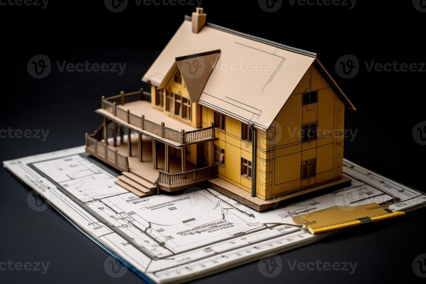 Cardboard model showcasing home design with blueprint, key, and tape measure photo
