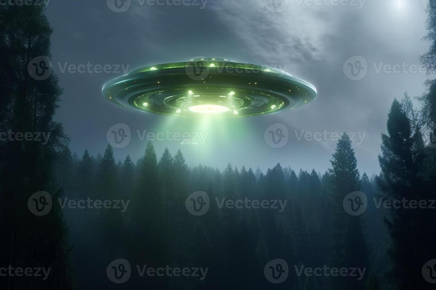 Celestial rendezvous, UFO spaceship hovers in night sky, green alien by forest AI Generated photo