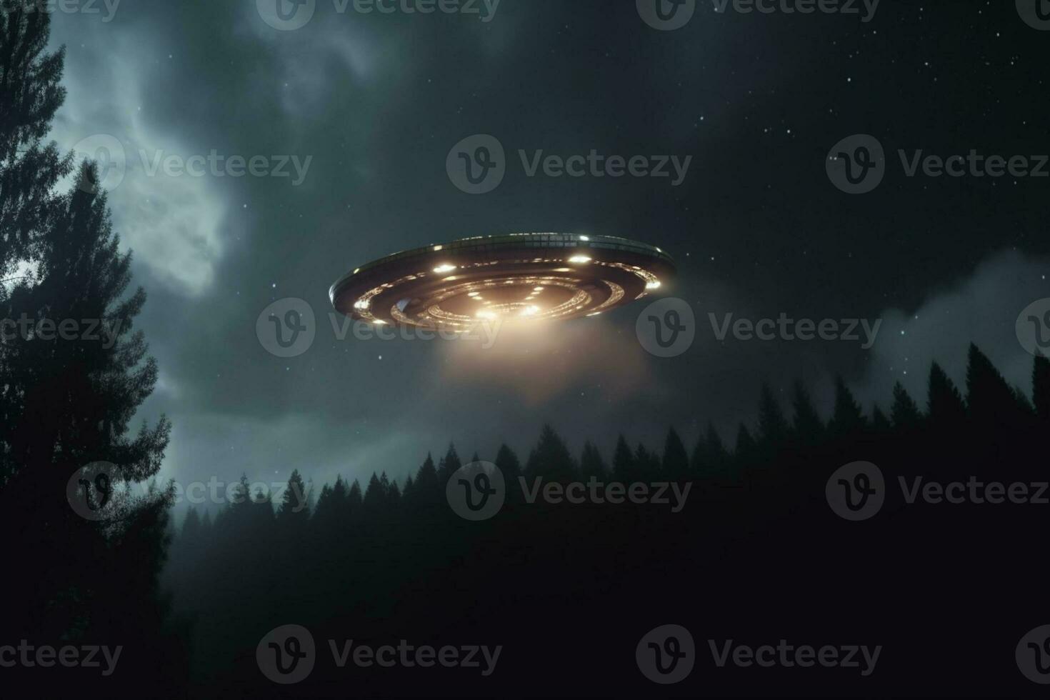 Enigmatic UFO glides through the night sky, moonlit backdrop AI Generated photo