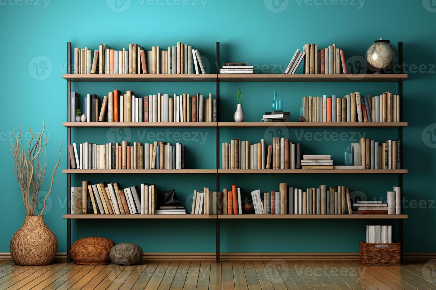 Advertisement banner with wide bookshelf, stack of hardcovered books, and room for text AI Generated photo