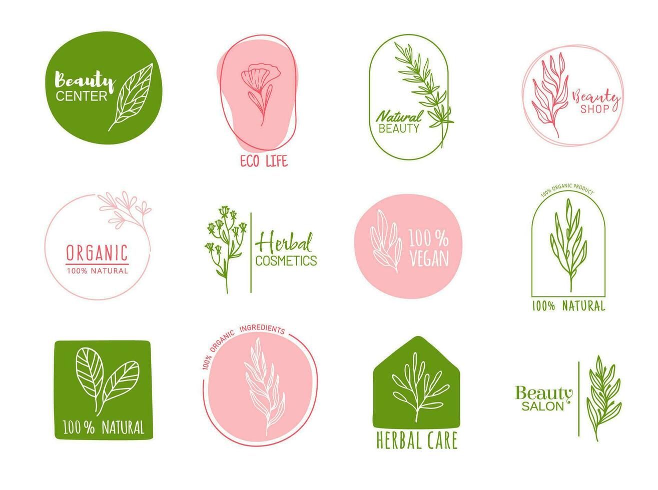 Organic vegan food, herbal cosmetics outline icons vector