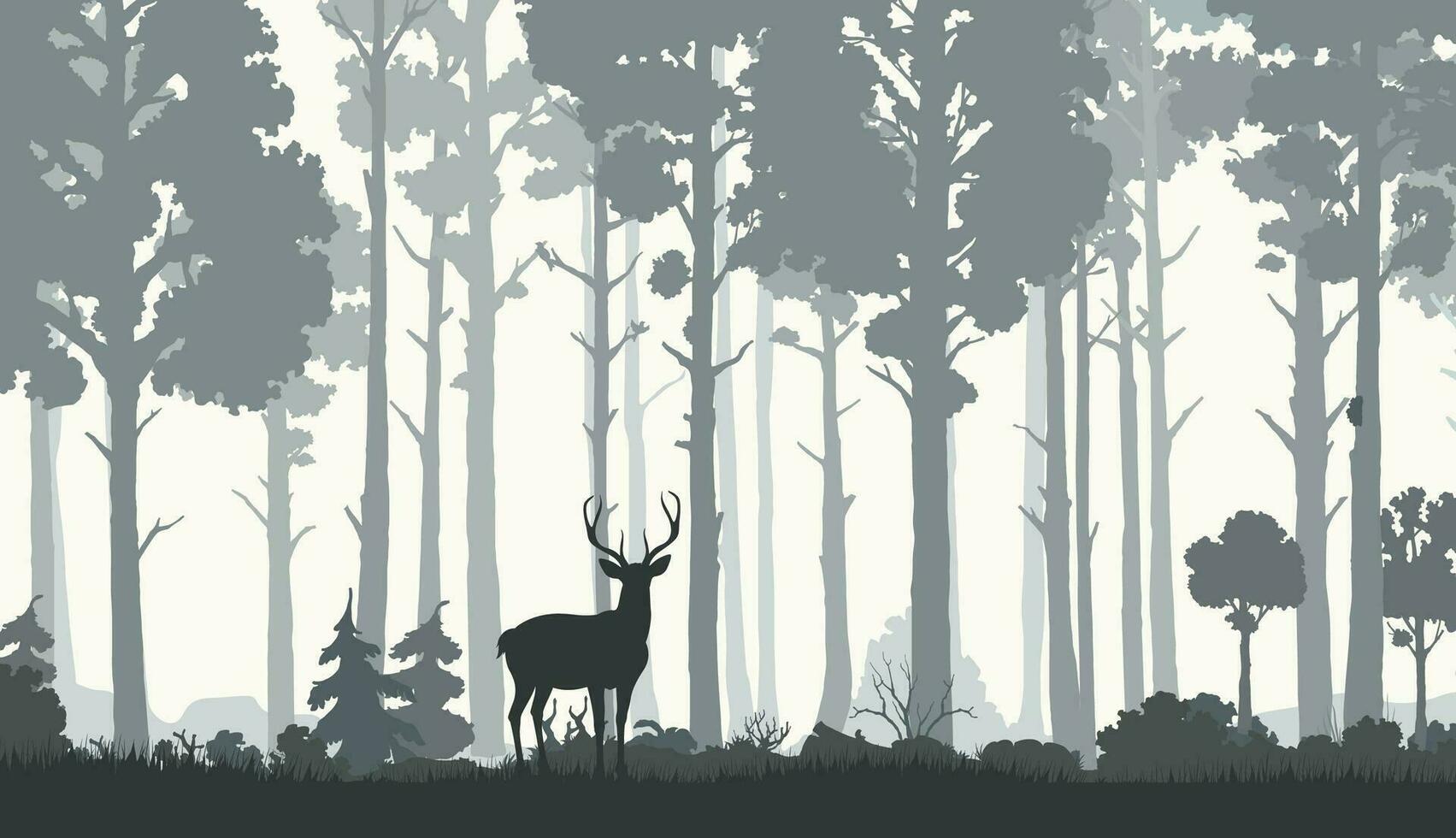 Silhouettes of morning forest with deer and trees vector