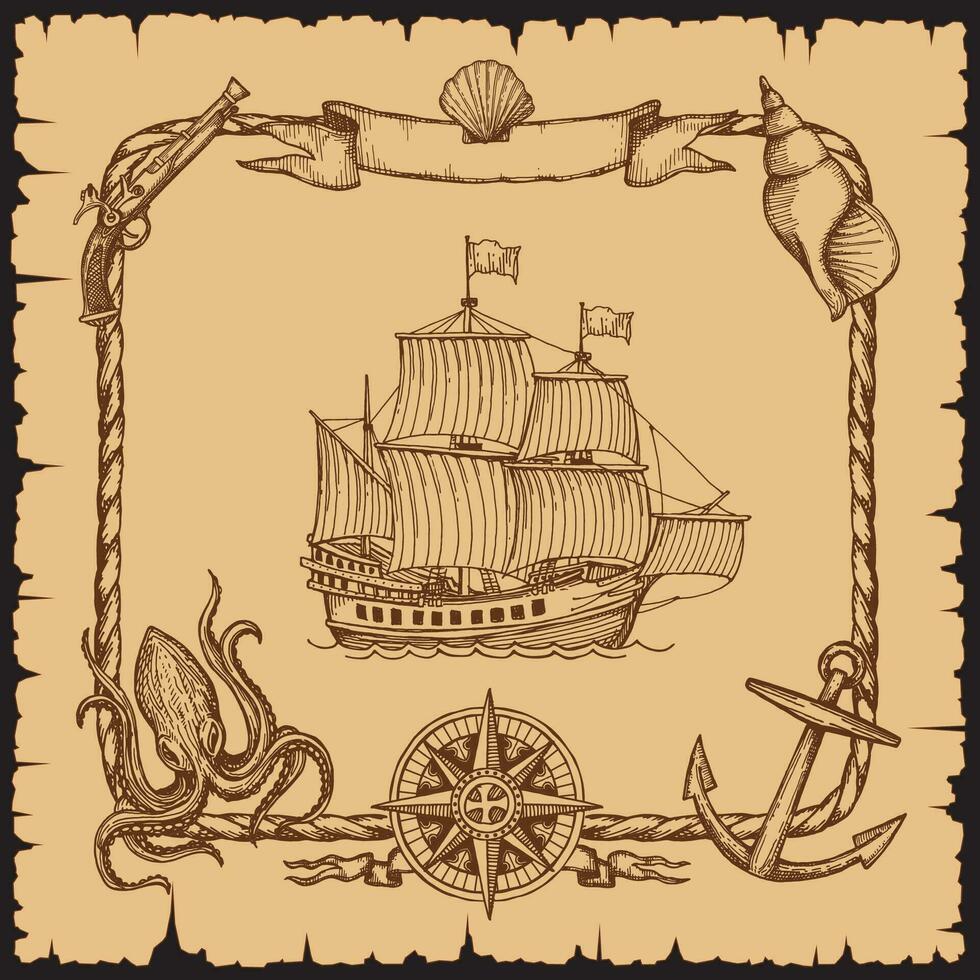 Vintage pirate vessel ship with rope frame, sketch vector