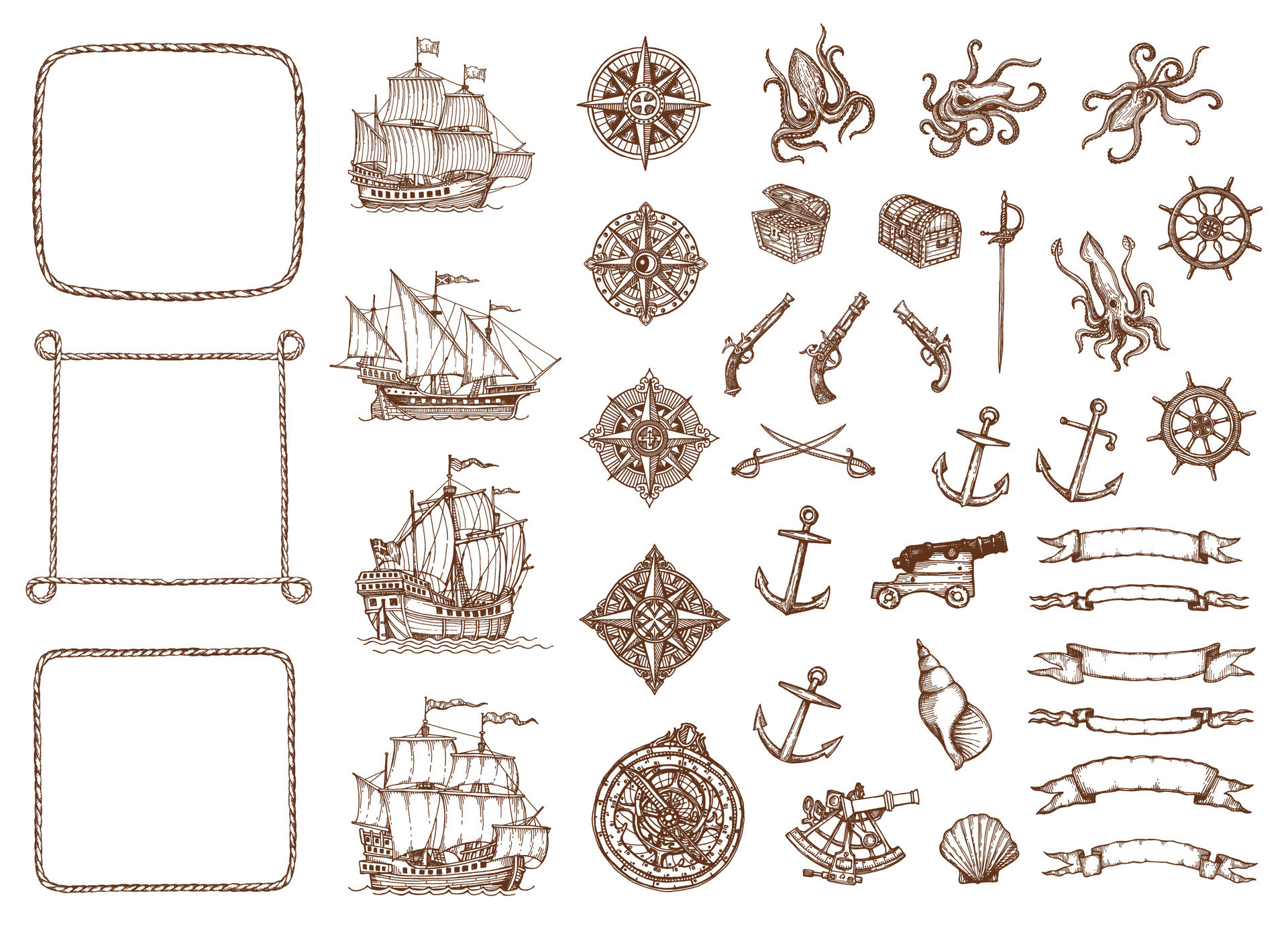 Vintage map sketch ships, compass, ropes, anchors 26177872 Vector Art ...