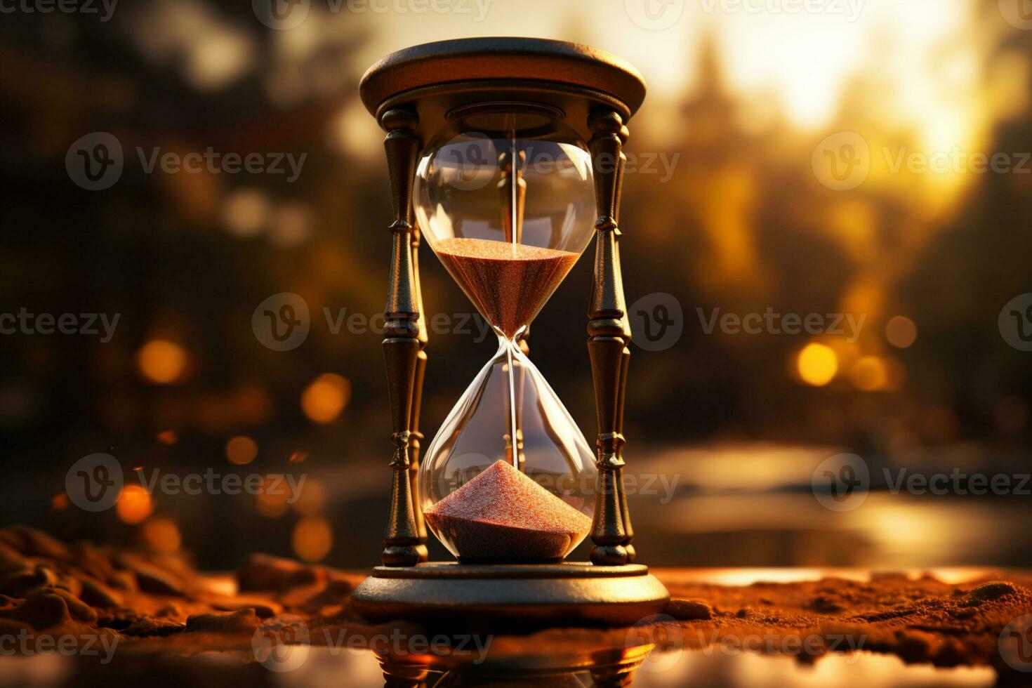 Countdown to deadline illustrated by sand in hourglass, blurred background AI Generated photo