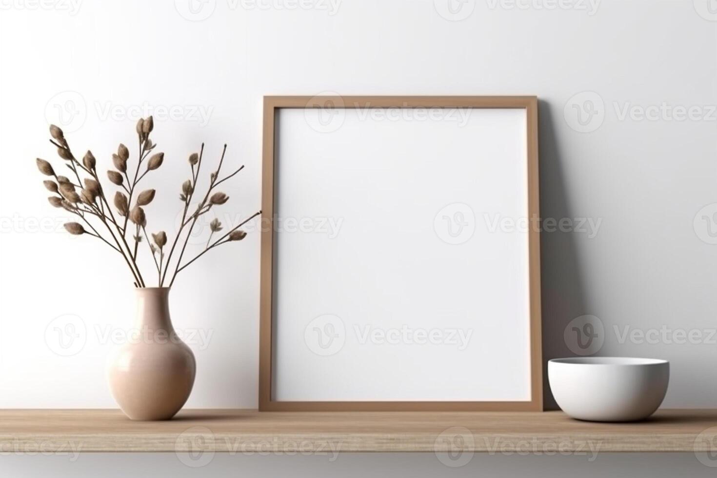 Detailed shot of a mockup frame in a white room accentuated by wooden furniture photo