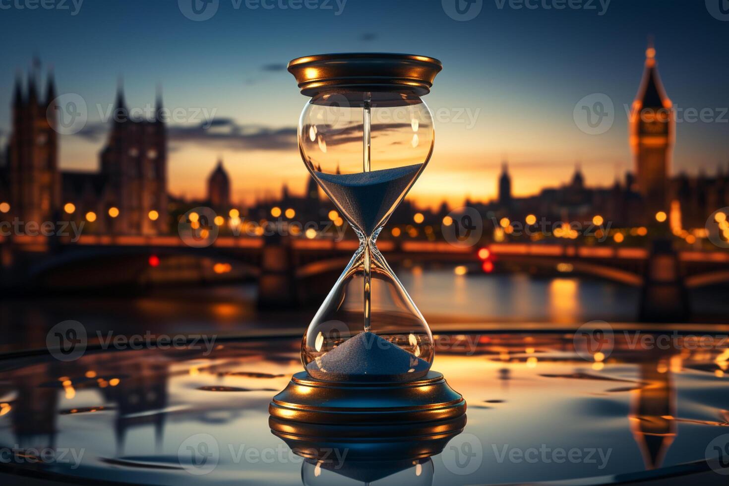 Hourglass against panoramic skyline, symbolizing time and business in the city AI Generated photo