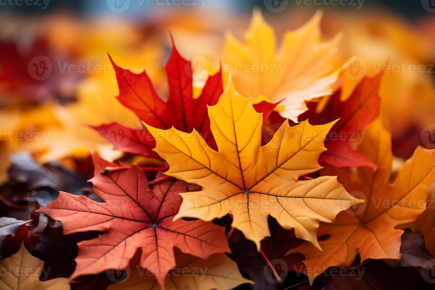 The enchanting dance of yellow and red maple leaves in an autumn setting photo