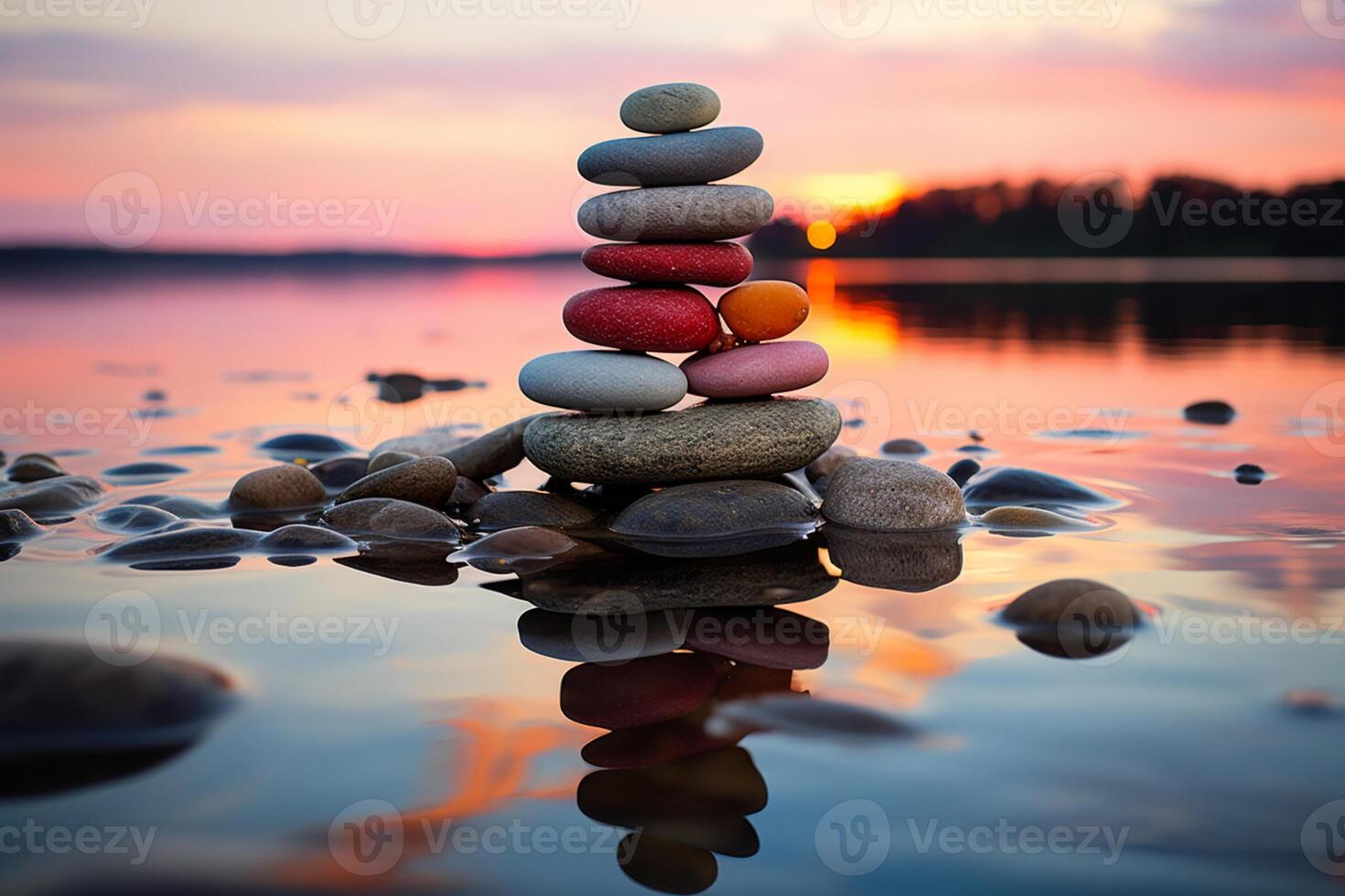 Calming spa setting, balanced stones, colorful summer sky, peaceful beach silhouette photo
