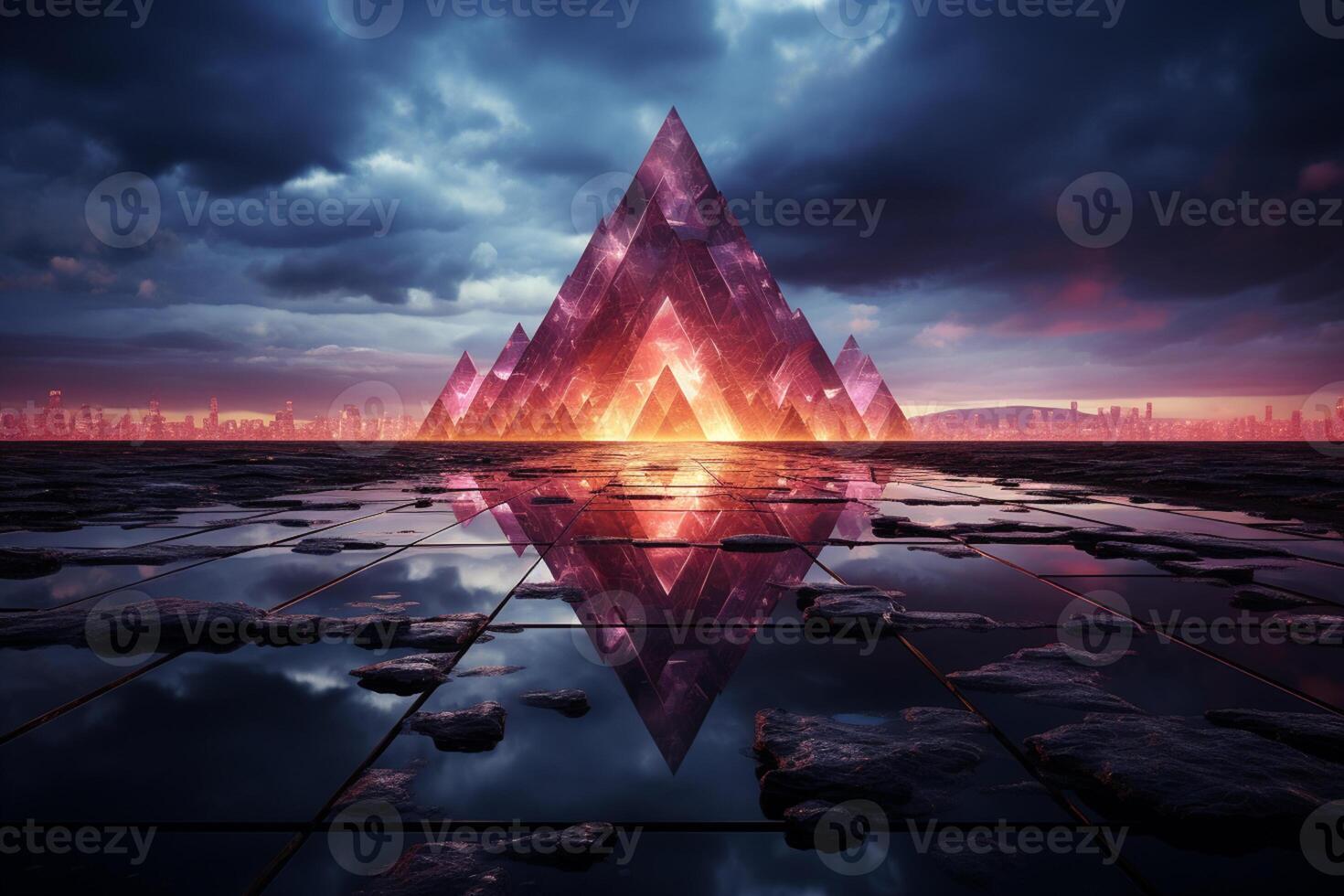 Captivating 3D rendering featuring neon geometric shapes against a stormy night sky with a rhombus frame and copy space photo