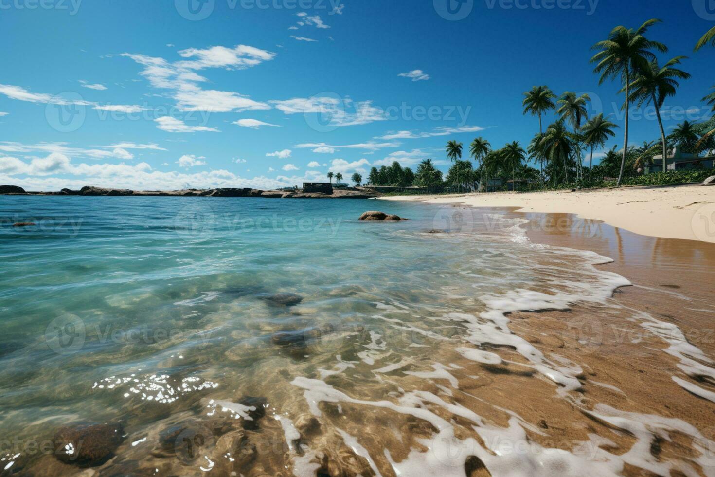 Tranquil seaside vista, golden sand, palm trees, glistening sea, clear blue skies AI Generated photo