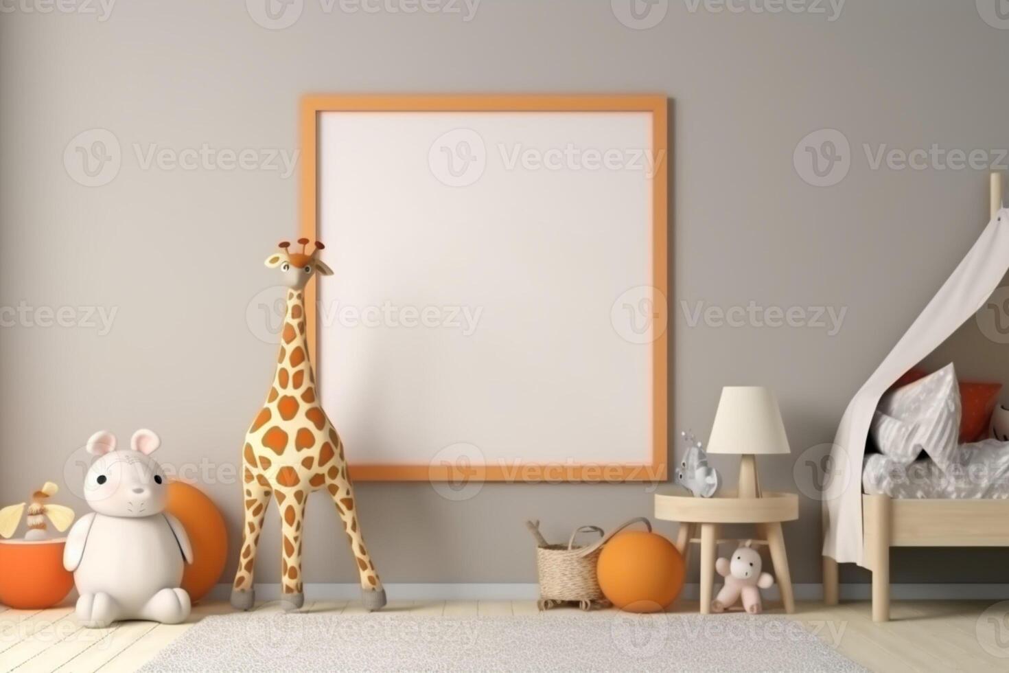 Warm and inviting 3D-rendered children's room backdrop with a mock-up poster frame AI Generated photo