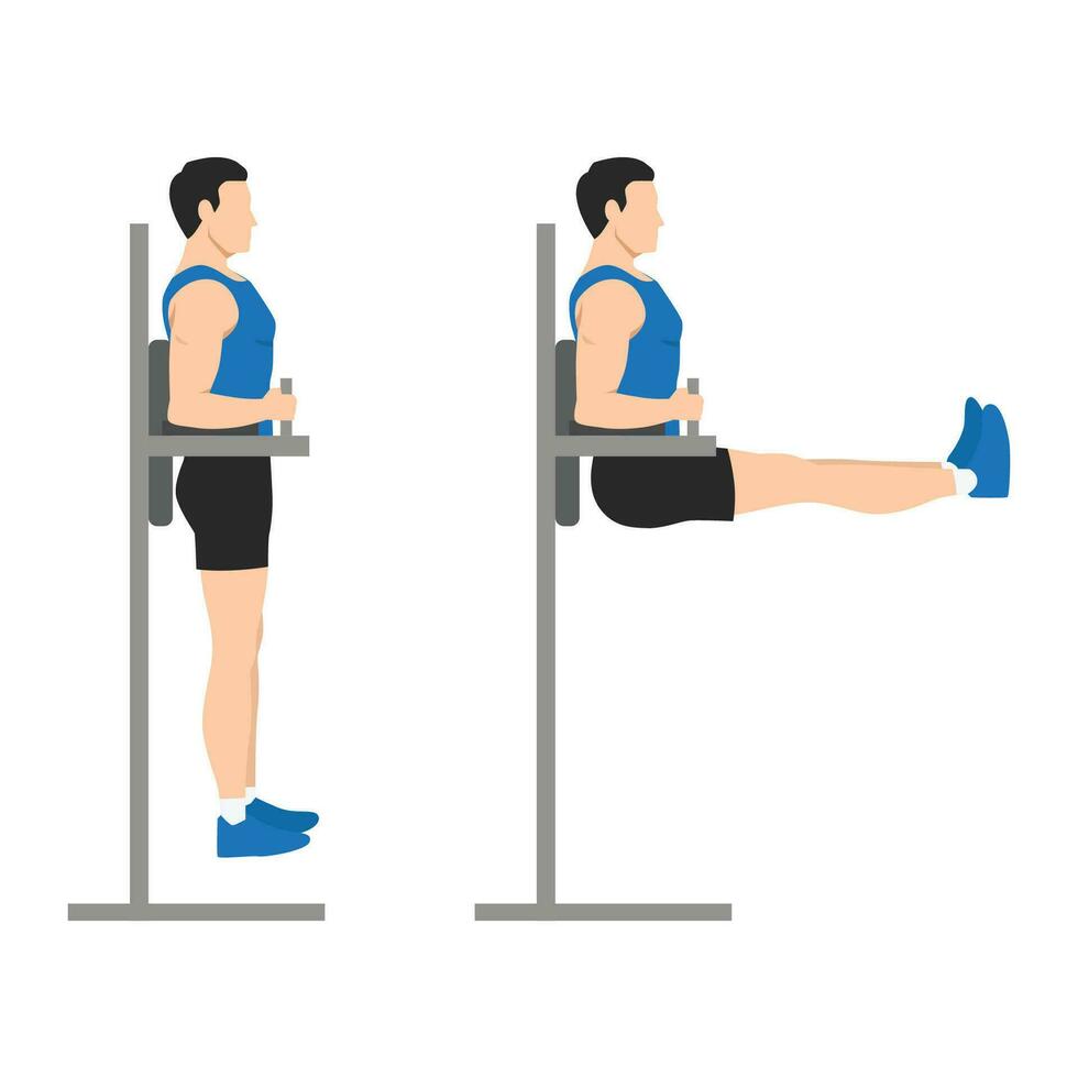 Man doing hanging leg raises side view. Abdominals exercise. vector