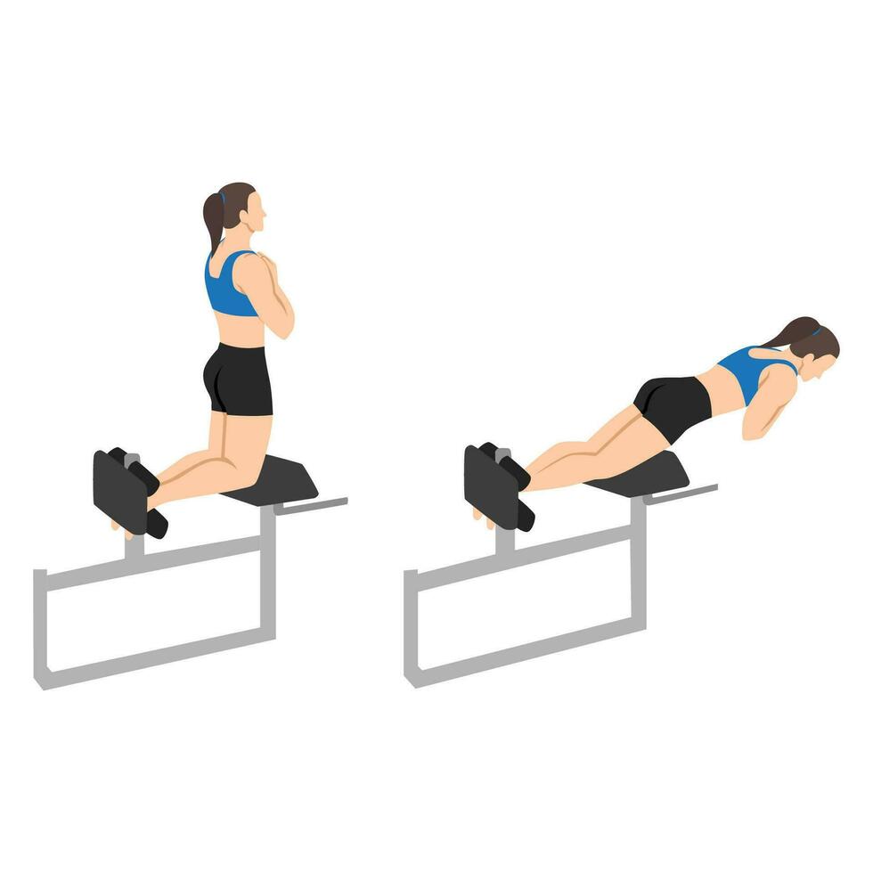 Woman doing glute ham raise exercise. Glute Ham Developer Back Extension. vector