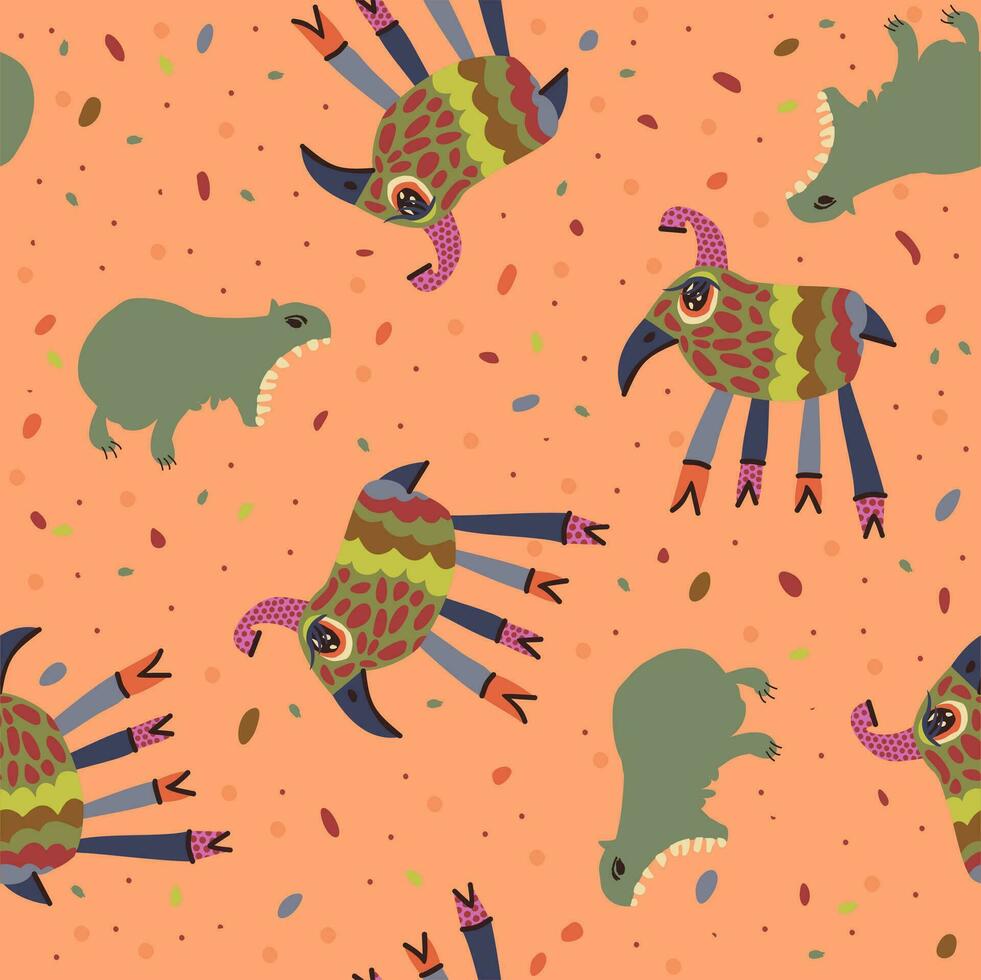 Vector soft childish seamless pattern with fantastic animals isolated on peachy background.