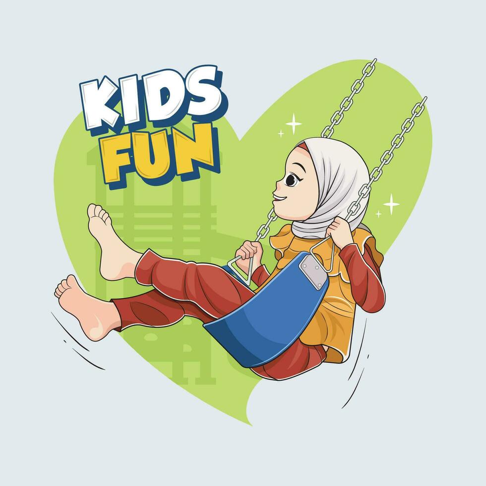 Fun kids. Hijab girl on a swing playground. Hijab girls play outdoors vector illustration pro download