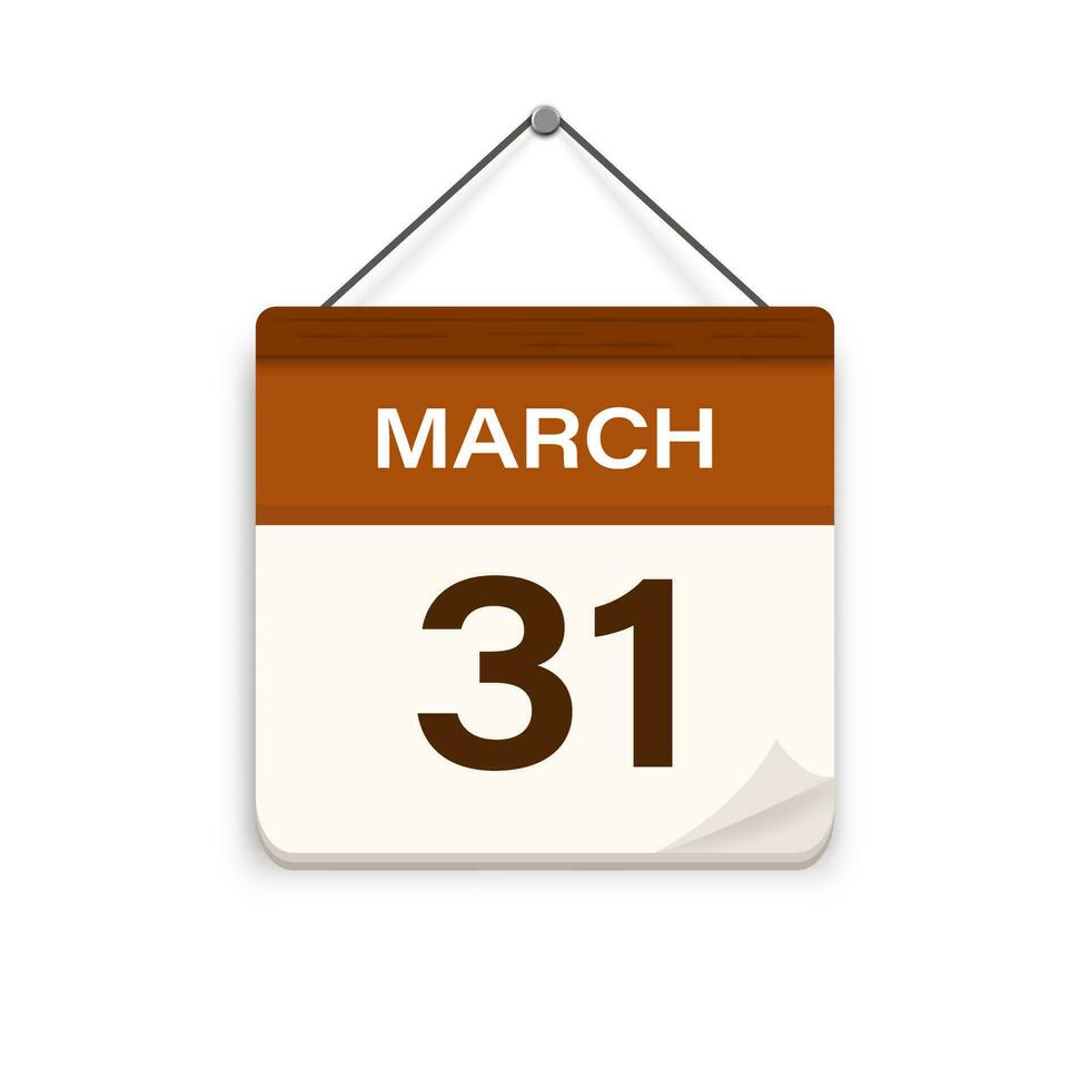 March 31, Calendar icon with shadow. Day, month. Meeting appointment time. Event schedule date. Flat vector illustration.