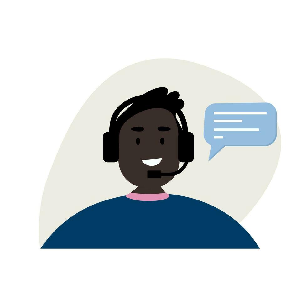 Customer service, call center, hotline, customer support department staff concept. Black man office operator with headset talking to customers. Vector people character illustration.