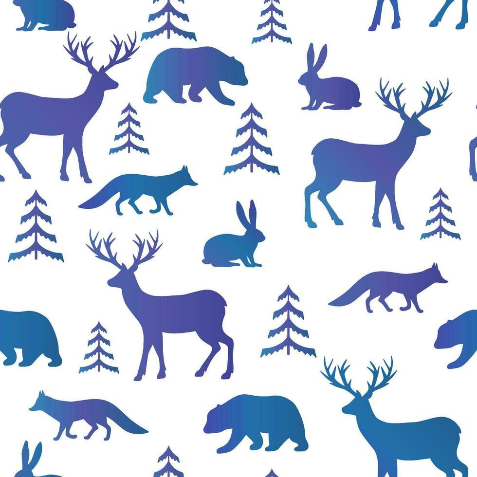 Animals winter seamless pattern. Christmas seamless pattern with bears, foxes, deers, hares and winter trees vector