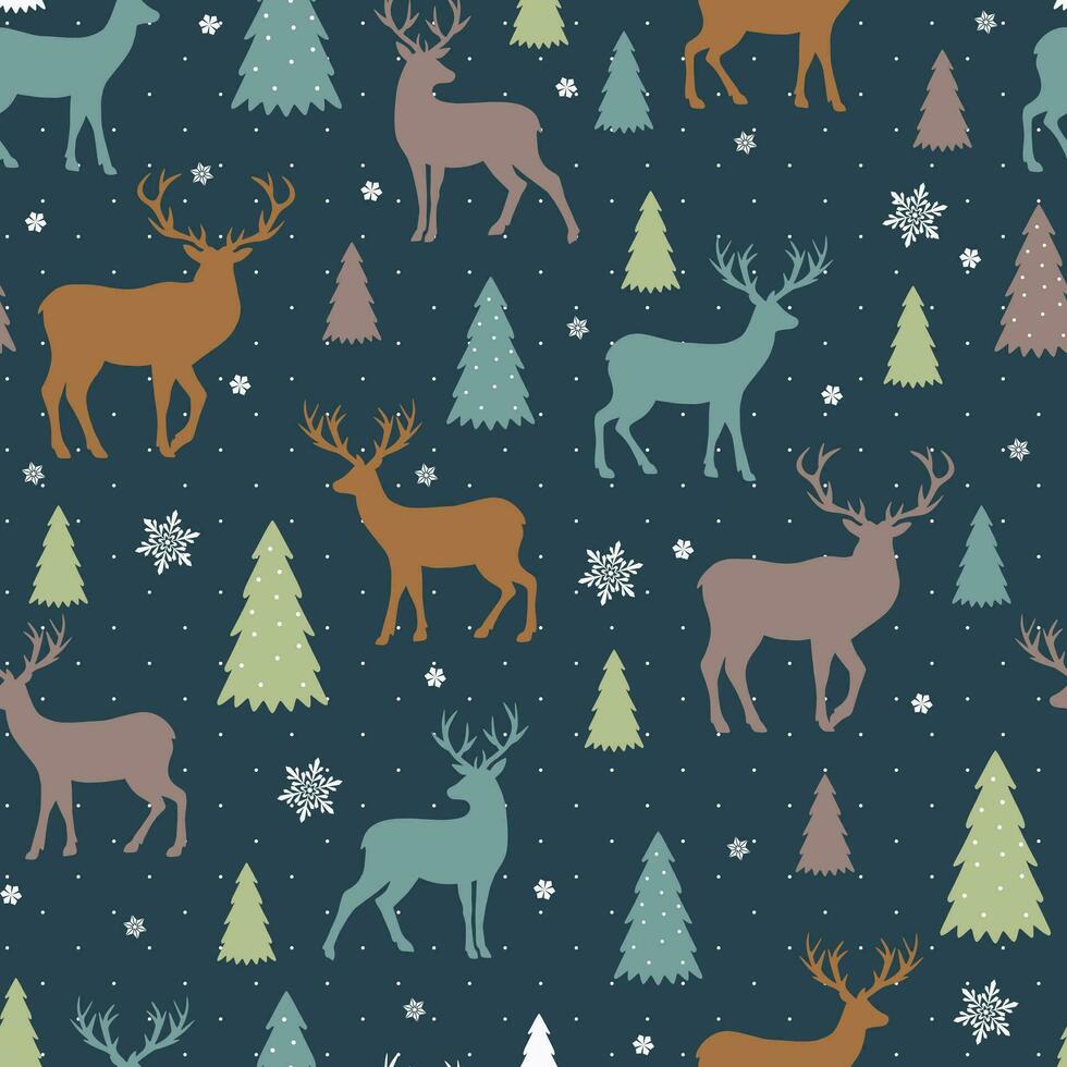 Colorful pattern different reindeer animal silhouette seamless background. Print with deers, trees and snowflakes vector