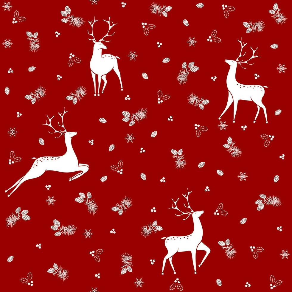 Winter seamless vector pattern with holly berries, deer, christmas branch. Part of Christmas backgrounds collection. Can be used for wallpaper, pattern fills, surface textures, fabric prints.