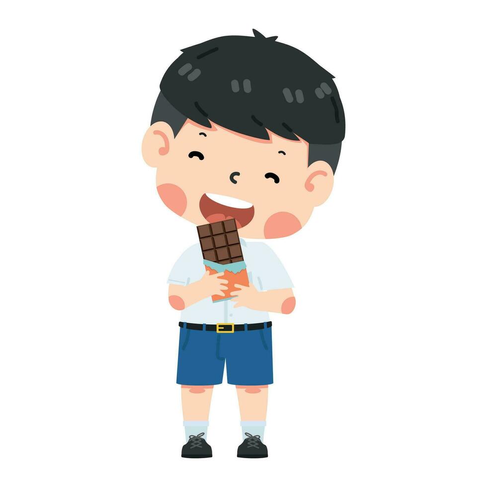 Happy boy student eating chocolate sweet vector