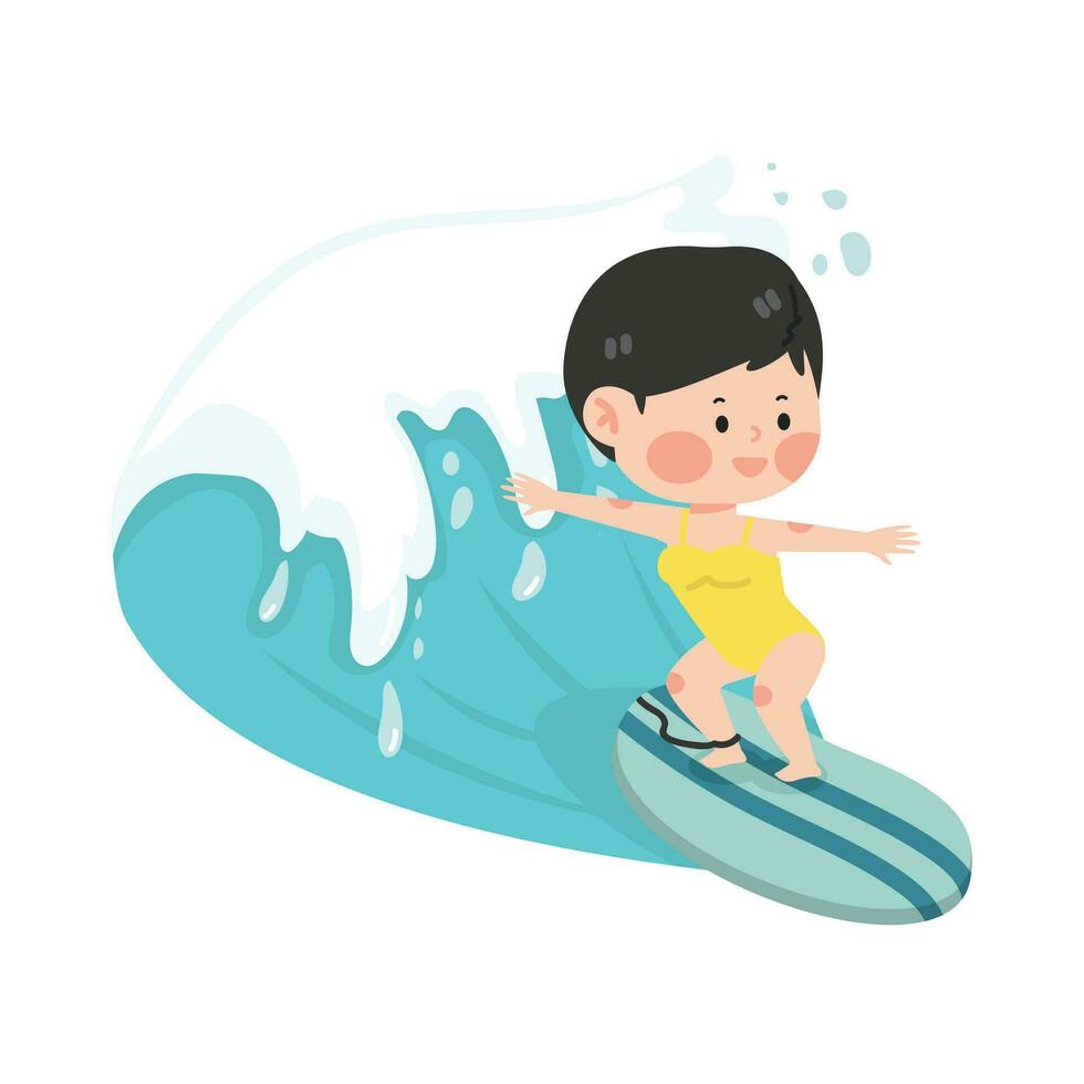 Cute kid girl riding surfboard withbig wave vector