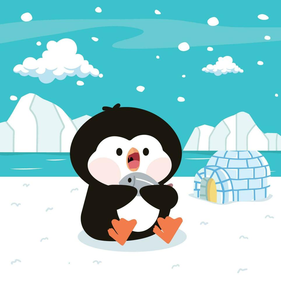linda pingüino comiendo pescado con norte polo ártico vector