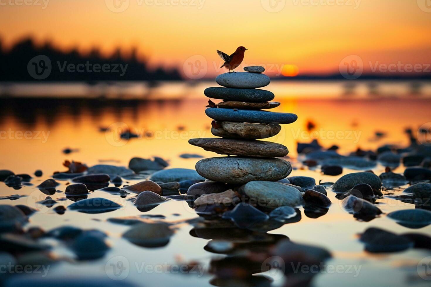 Serene silhouette, stacked pebbles, butterfly, colorful summer sky, peaceful beach AI Generated photo