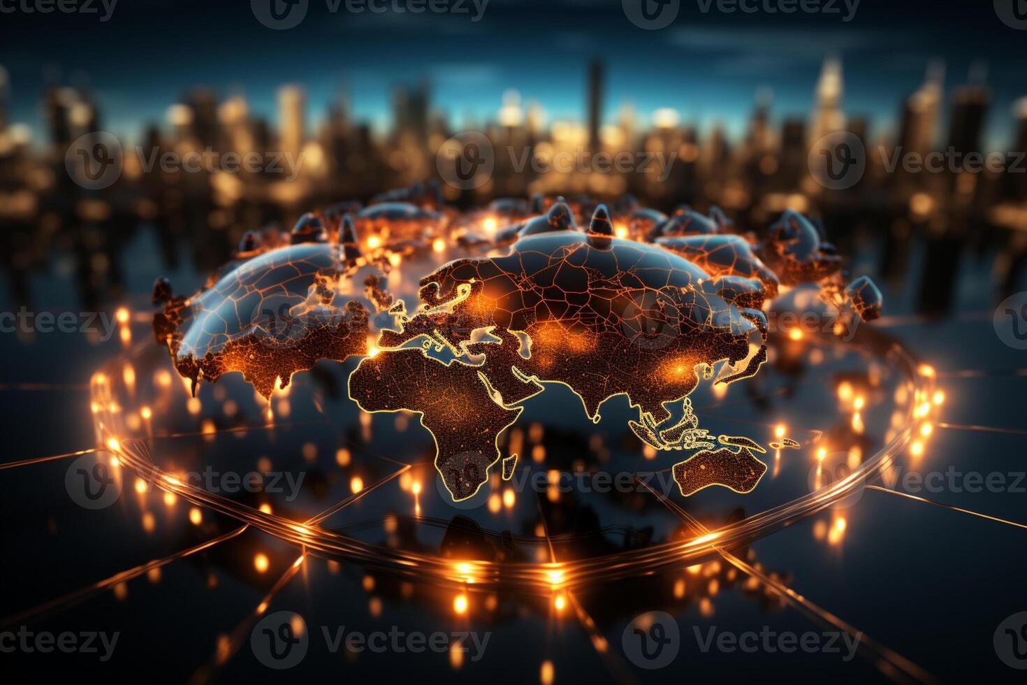 Technological world network, Glowing lines on world map represent global communications photo