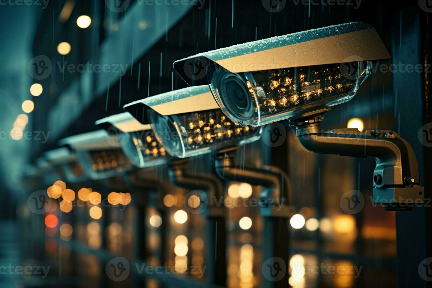 CCTV camera stands out against the blurred backdrop of night city AI Generated photo