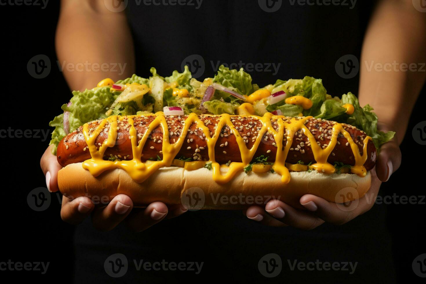 Mustard delight, Close-up of an adult hand holding a mustard-covered hot dog AI Generated photo