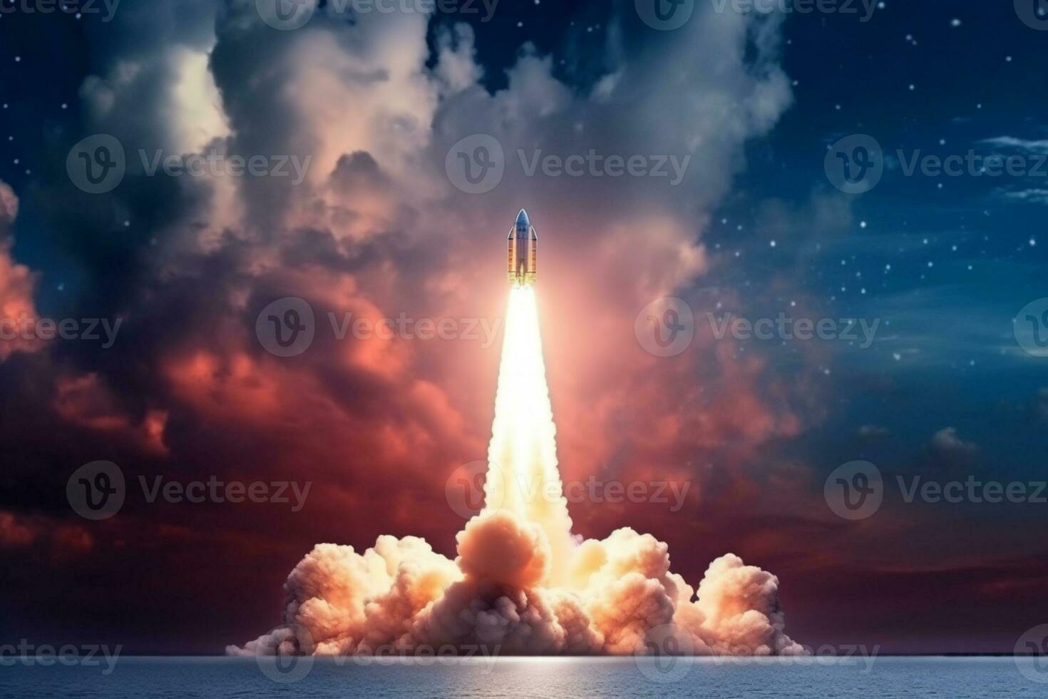 Bound for the cosmos, Rocket ship launches into a galaxy-filled sky AI Generated photo