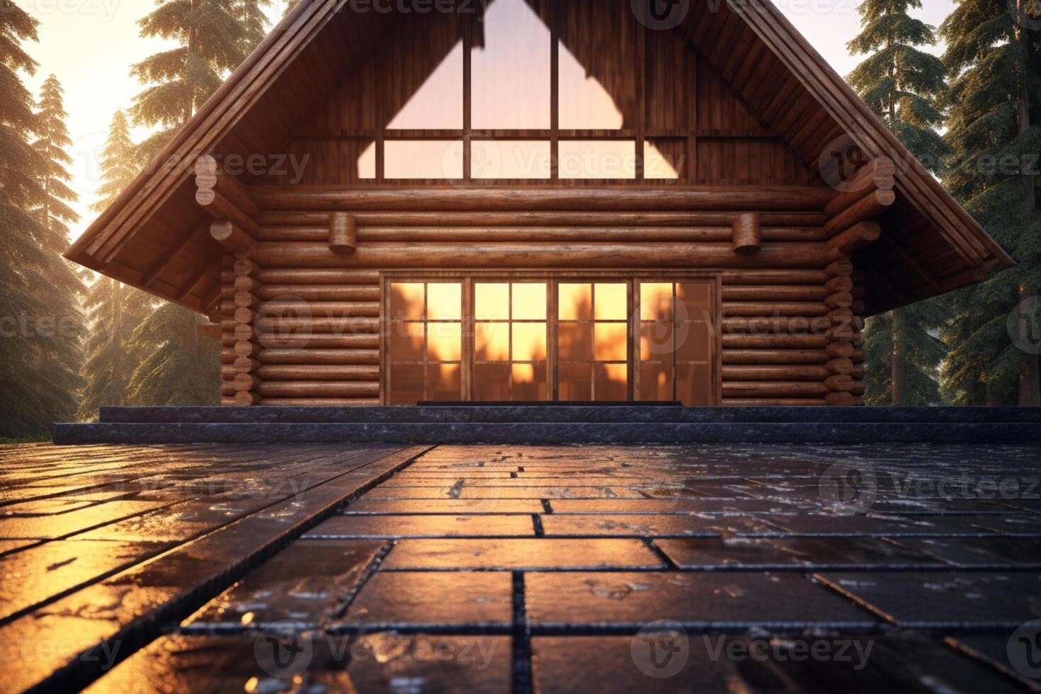 Tranquil log cabin background highlighting a home mockup, 3D rendered photo