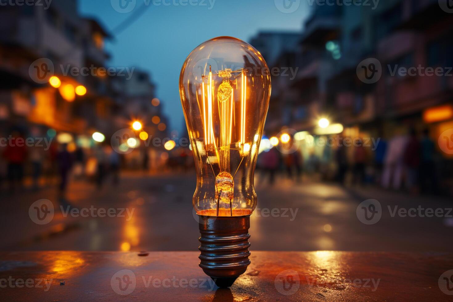 Electric post at a bustling night market adorned with hanging bulb lights AI Generated photo