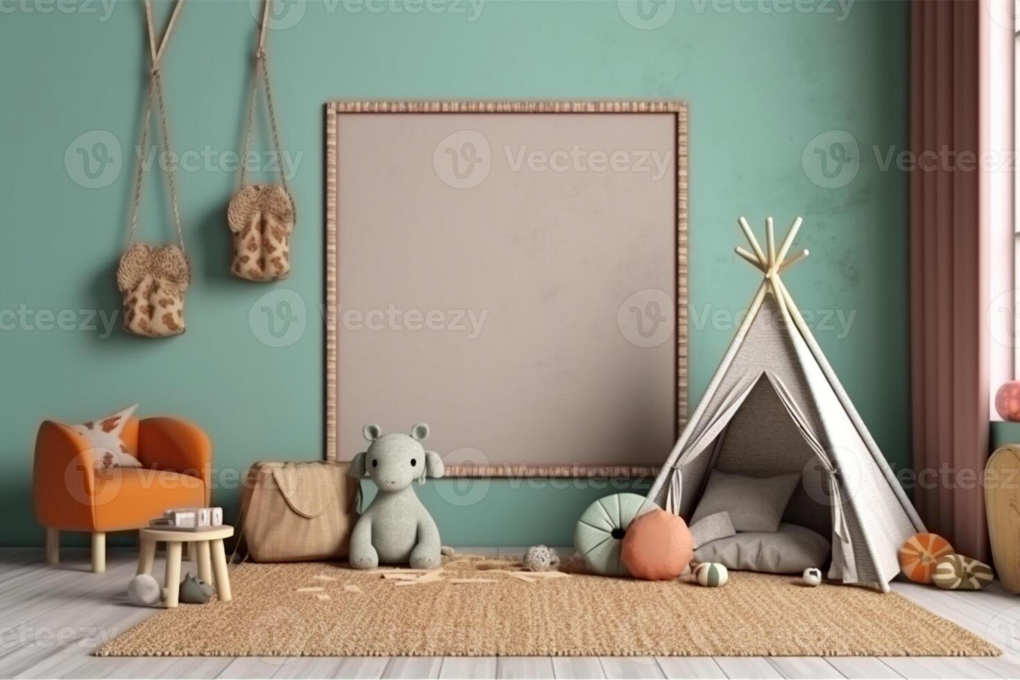 Warm and inviting 3D-rendered children's room backdrop with a mock-up poster frame photo