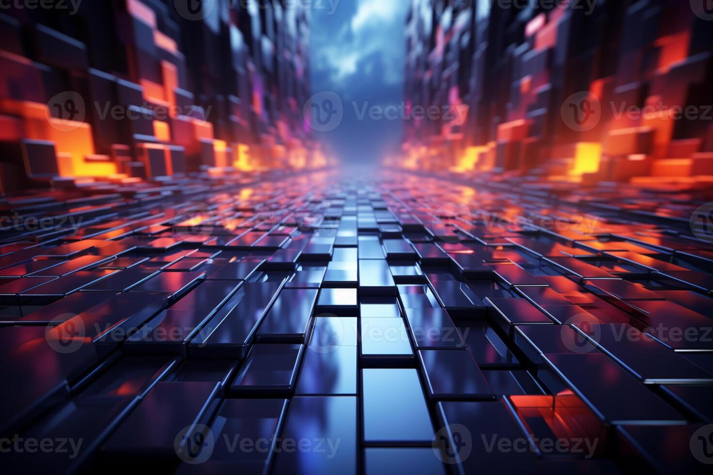 Abstract futuristic backdrop with neon geometric shapes and stormy cloud elements photo